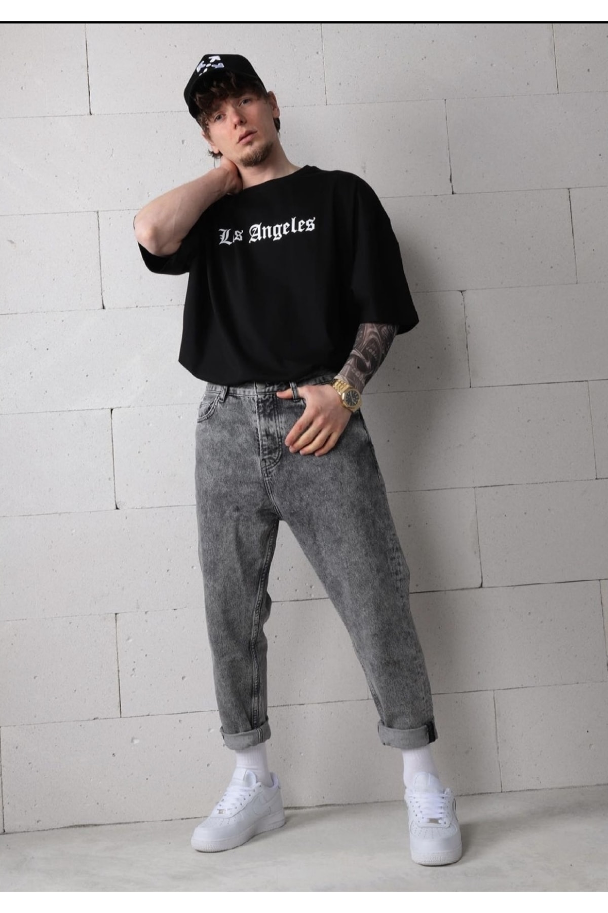 Los Angeles Baskılı Oversize Siyah T-shirt - 