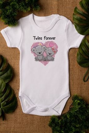 Twins Forever Ikiz Kardeş Bebek Body Organik Baskılı %100 Pamuklu Beyaz Çıtçıtlı Body Zıbın 5100 OVEROZBABY5100