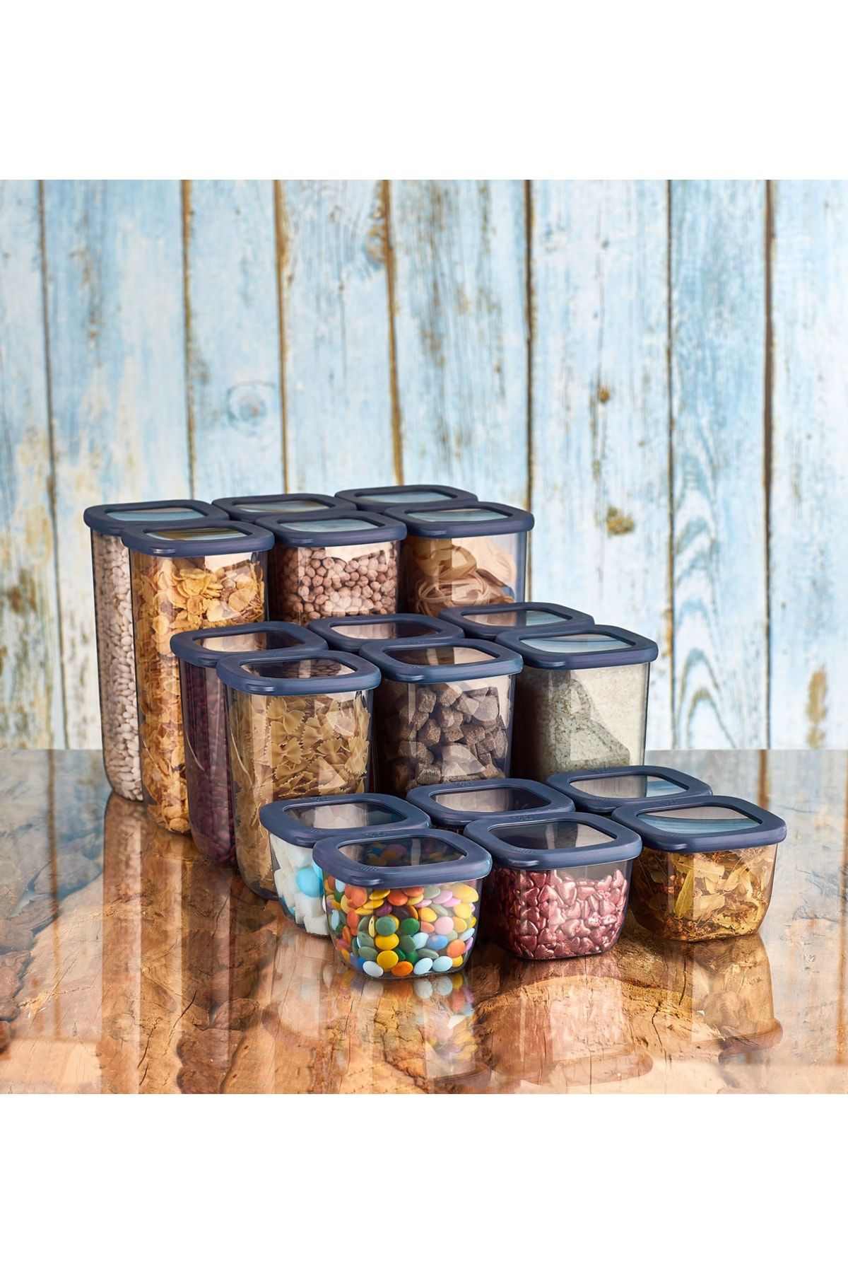 Comprox-Set of 9 Blue Labeled - Beach Square and Food Jar Storage Container Set 2