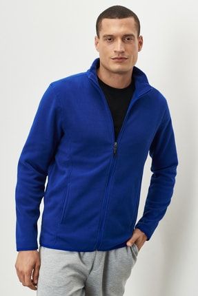 Erkek Saks Mavi Anti-pilling Tüylenme Yapmayan Standart Fit Bato Yaka Sweatshirt Polar Ceket 4A5221100014