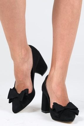 Liz Siyah Renk Süet Fiyonk Aksesuarlı Kadın Topuklu Ayakkabı 002057BL