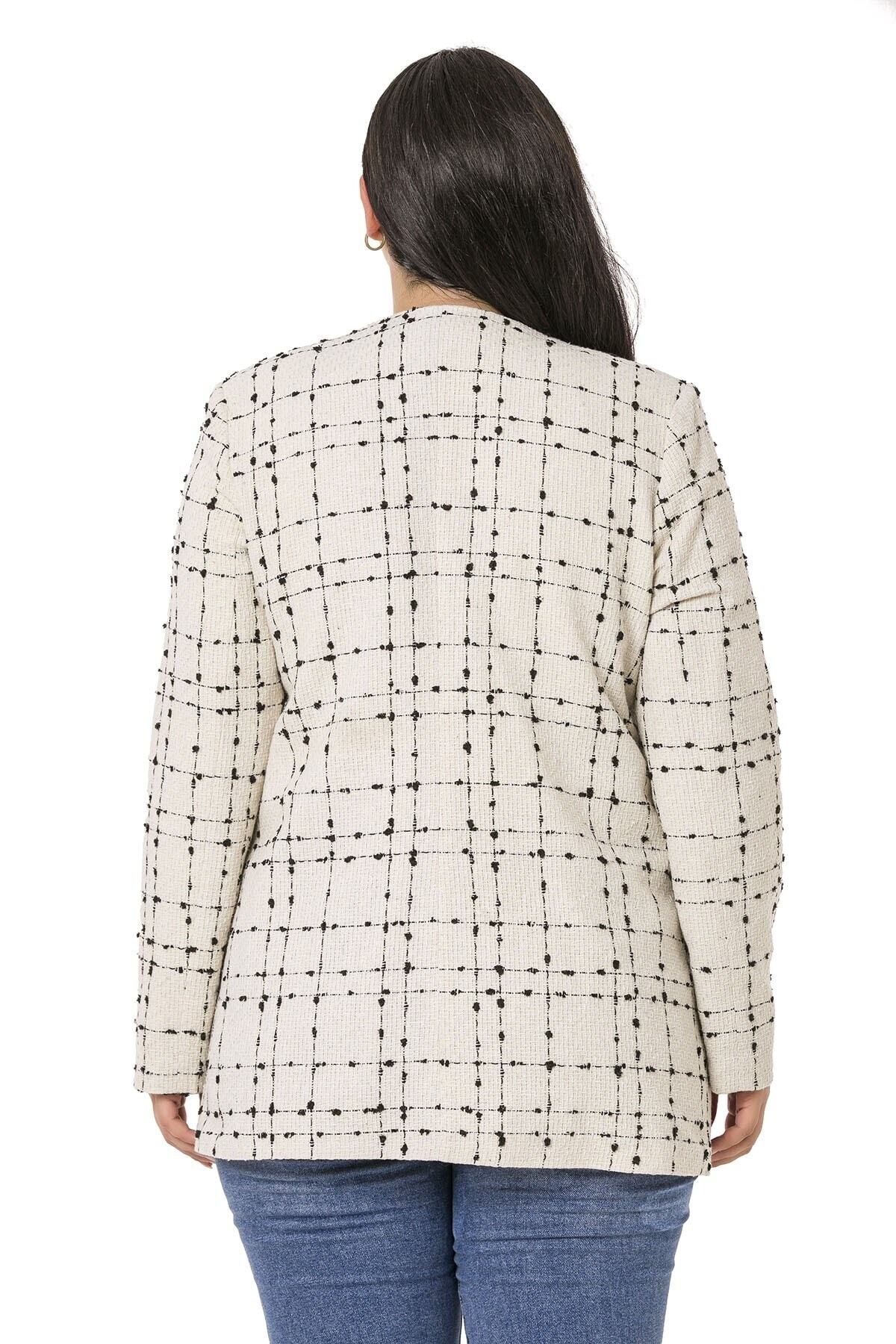 DISENTIS MODEST-Plus Size Button and Pocket Detailed Skirt Oval Cut Lined Tweed Ecru Black Jacket 3