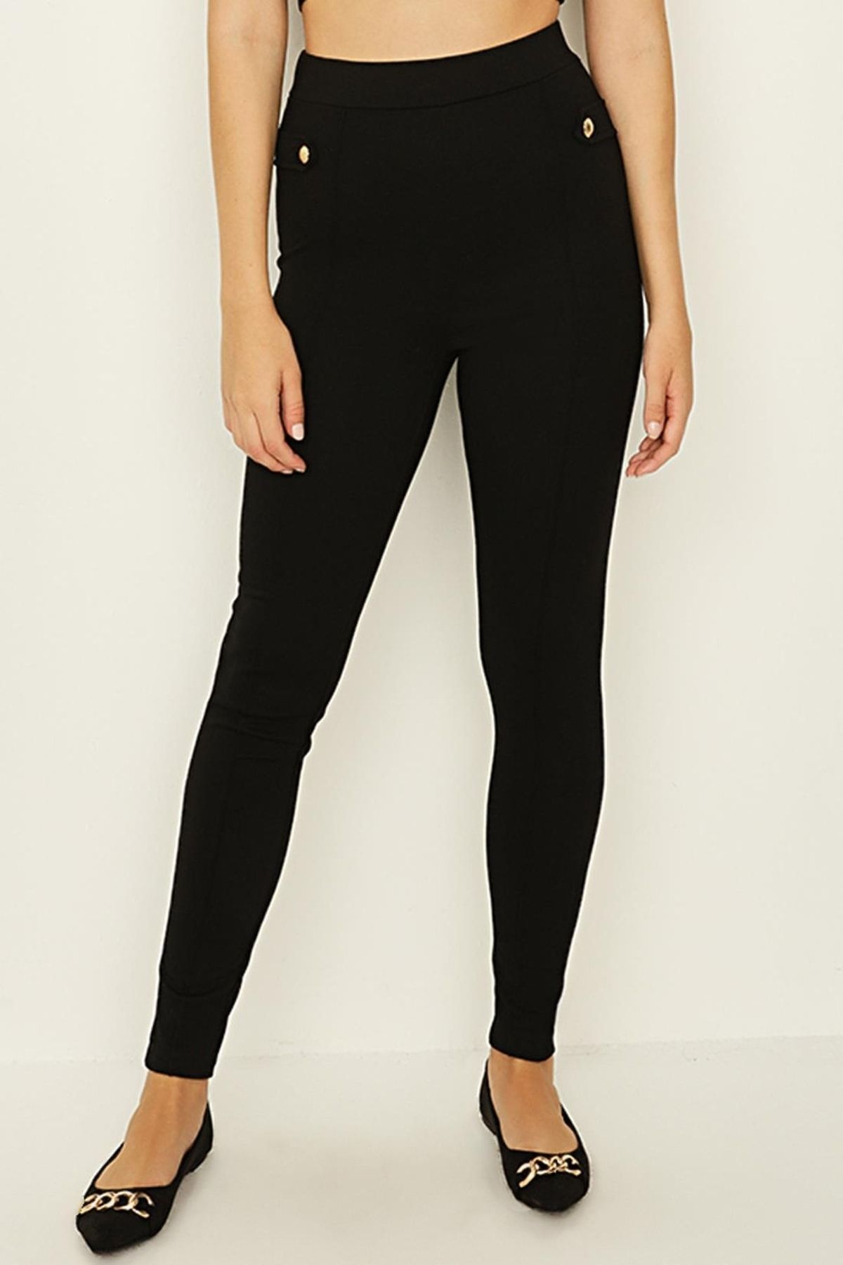 Select Moda-Pantaloni de damă cu jambiere cu nasturi aurii negri 3
