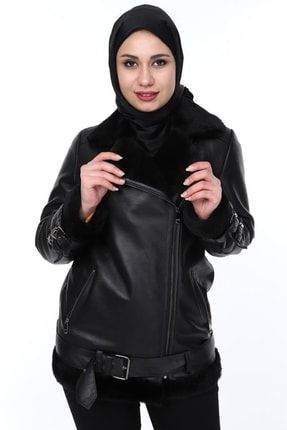Hakiki Deri Siyah Kürklü Kemerli Kadın Deri Ceket KM3048