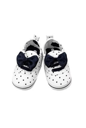 Fiyonklu Puantiyeli Bez Kız Bebek Ayakkabısı Beyaz HP0018