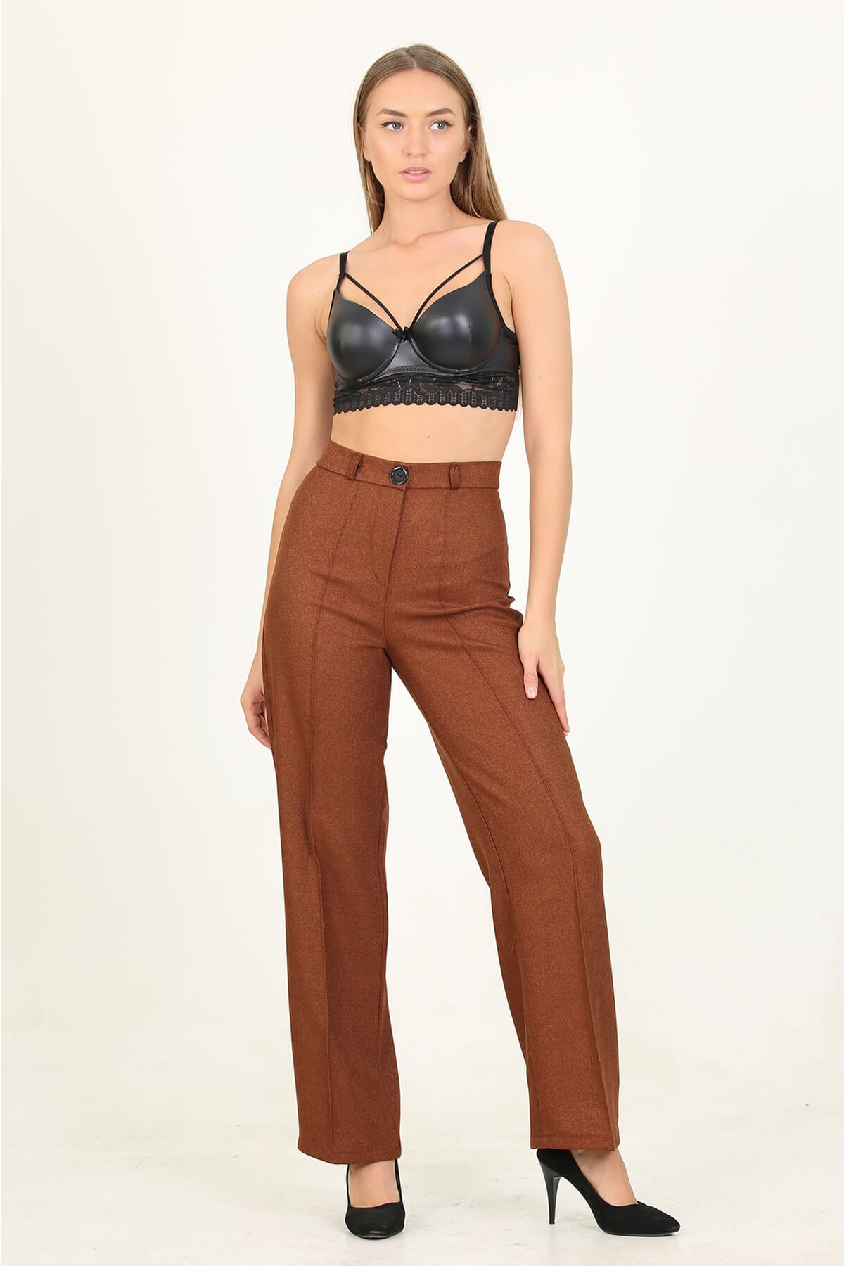 Women's Tile Button Detailed New Season Wide Leg Fabric Pants Qns027