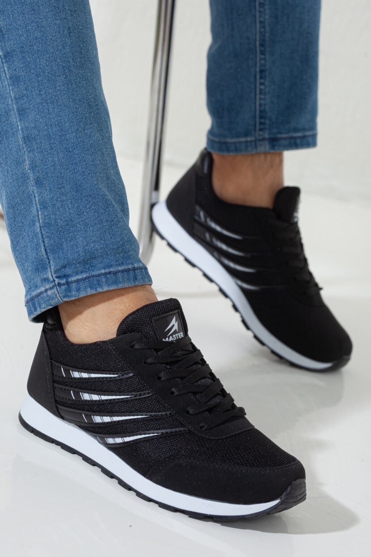 Rona Gifts Erkek Siyah Beyaz Bağcıklı Düz Taban Fileli Şeritli Erkek Sneaker Ayakkabı Şık Lüks Konforlu