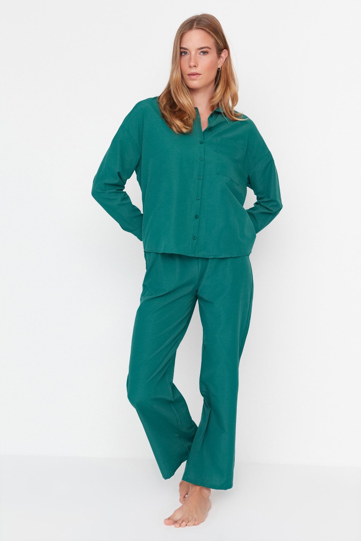 TRENDYOLMİLLA Yeşil Gömlek Yaka Dokuma Pijama Takımı THMAW23PT00423