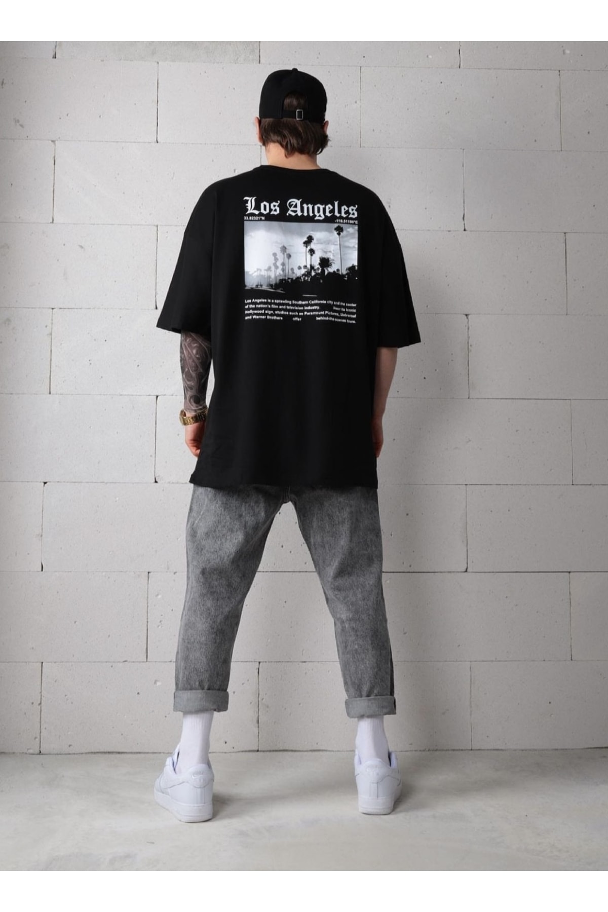 Los Angeles Baskılı Oversize Siyah T-shirt - 