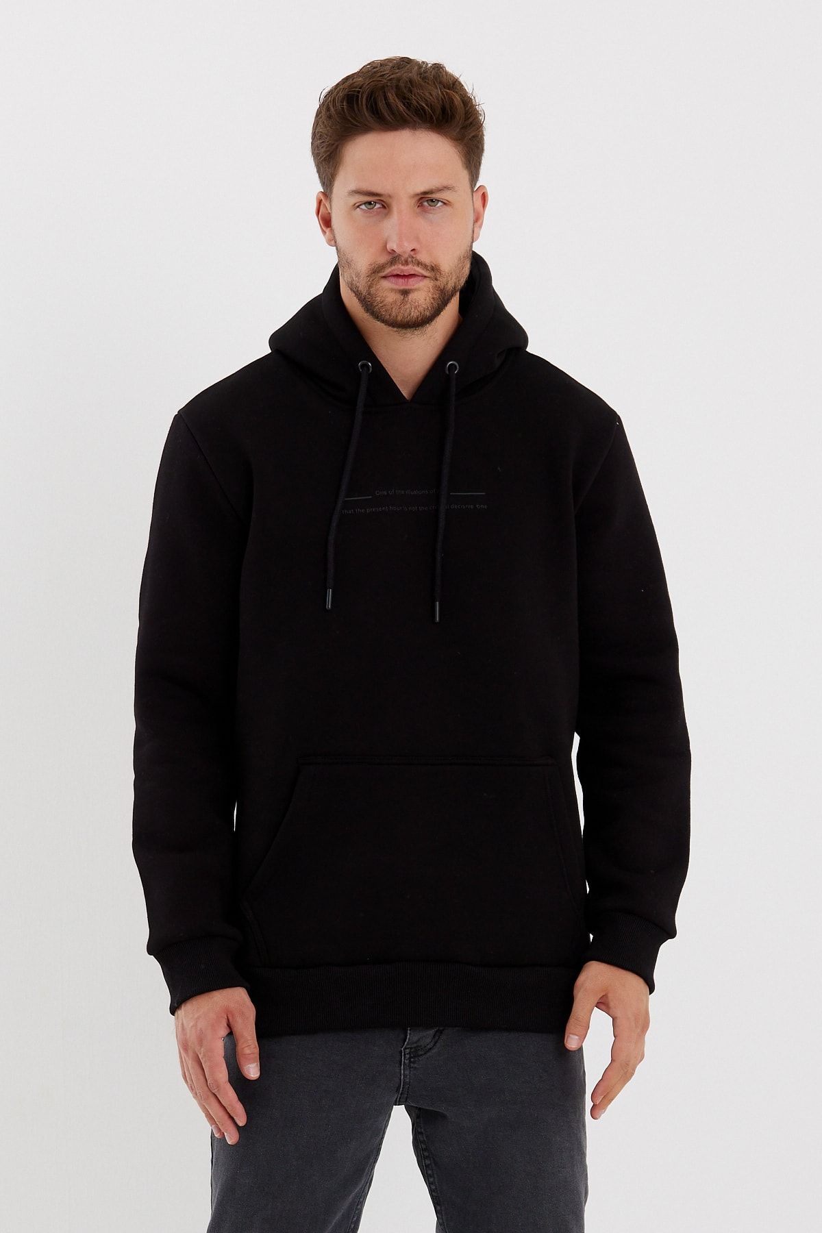 CLIPMAN-Hanorac cu glugă cu imprimeu Slim Fit pentru bărbați, negru 3