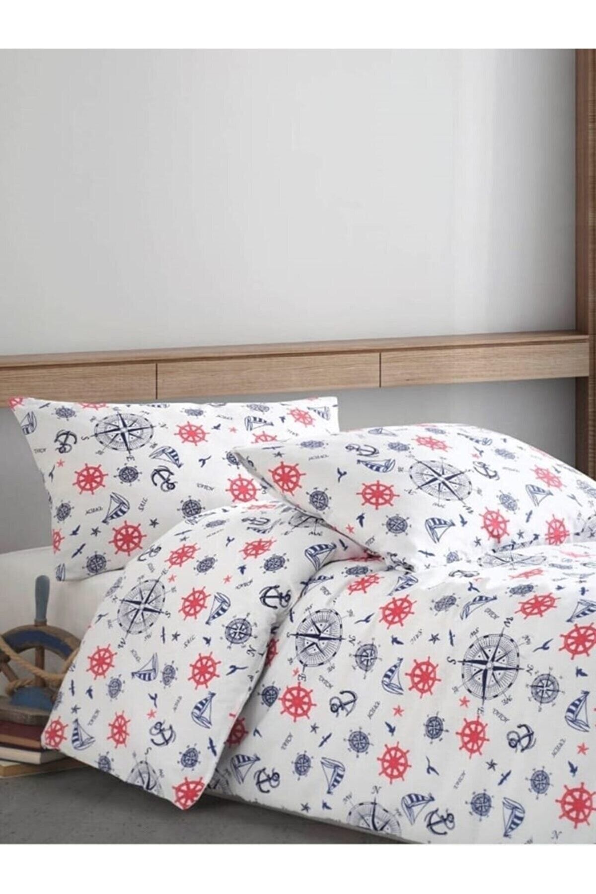 Vip Home Concept Market r nleri Ranforce Cotton Duvet Cover Set with Elastic Sheets Single Marine