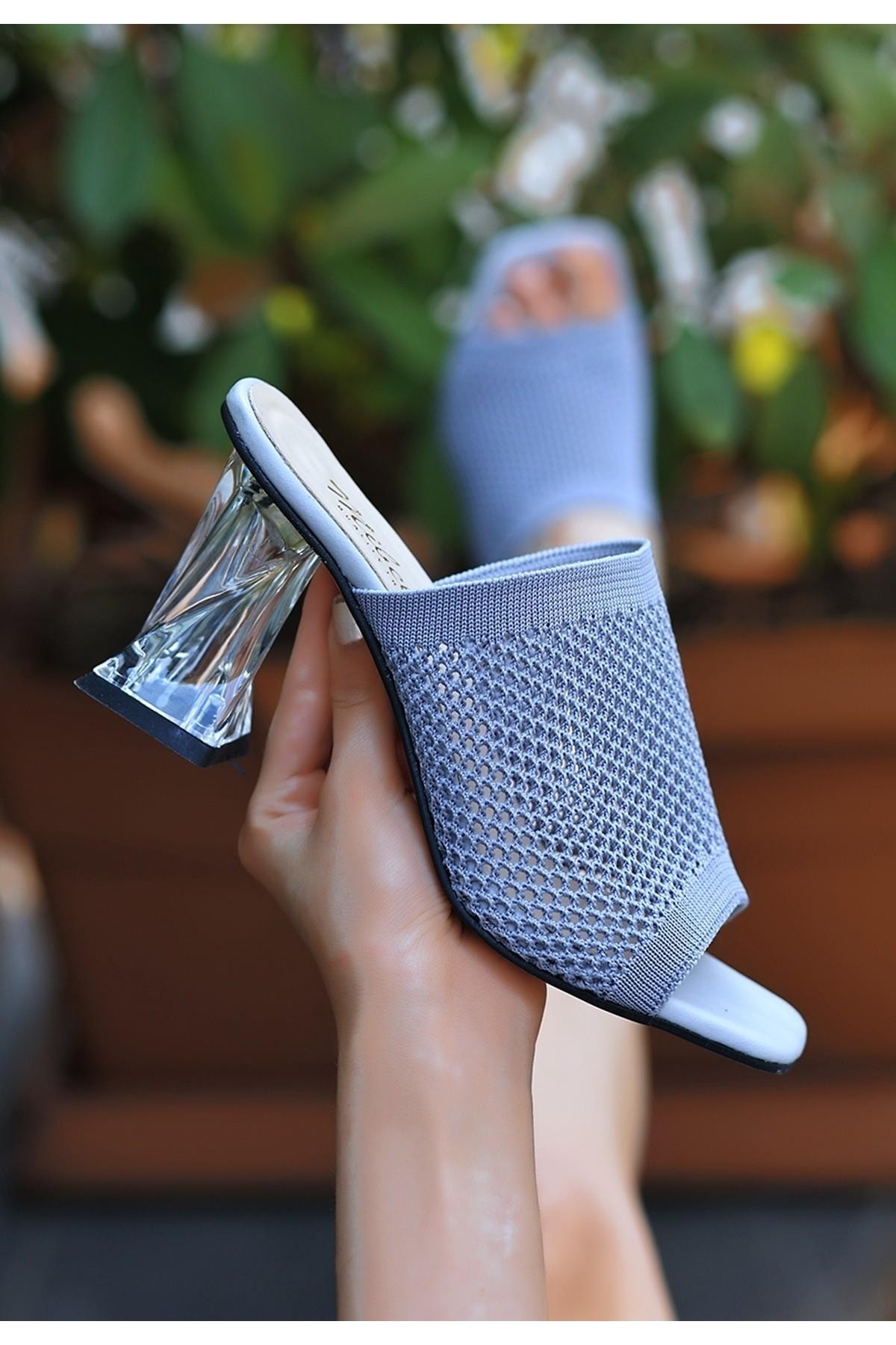 Kadın Gri Akva Gri Triko Şeffaf Topuklu Terlik