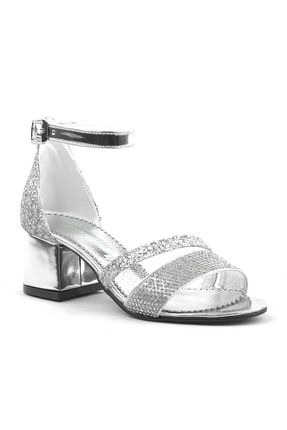 Gümüş Simli Kalın Topuklu Kız Çocuk Abiye Ayakkabı TX5D09CB581471