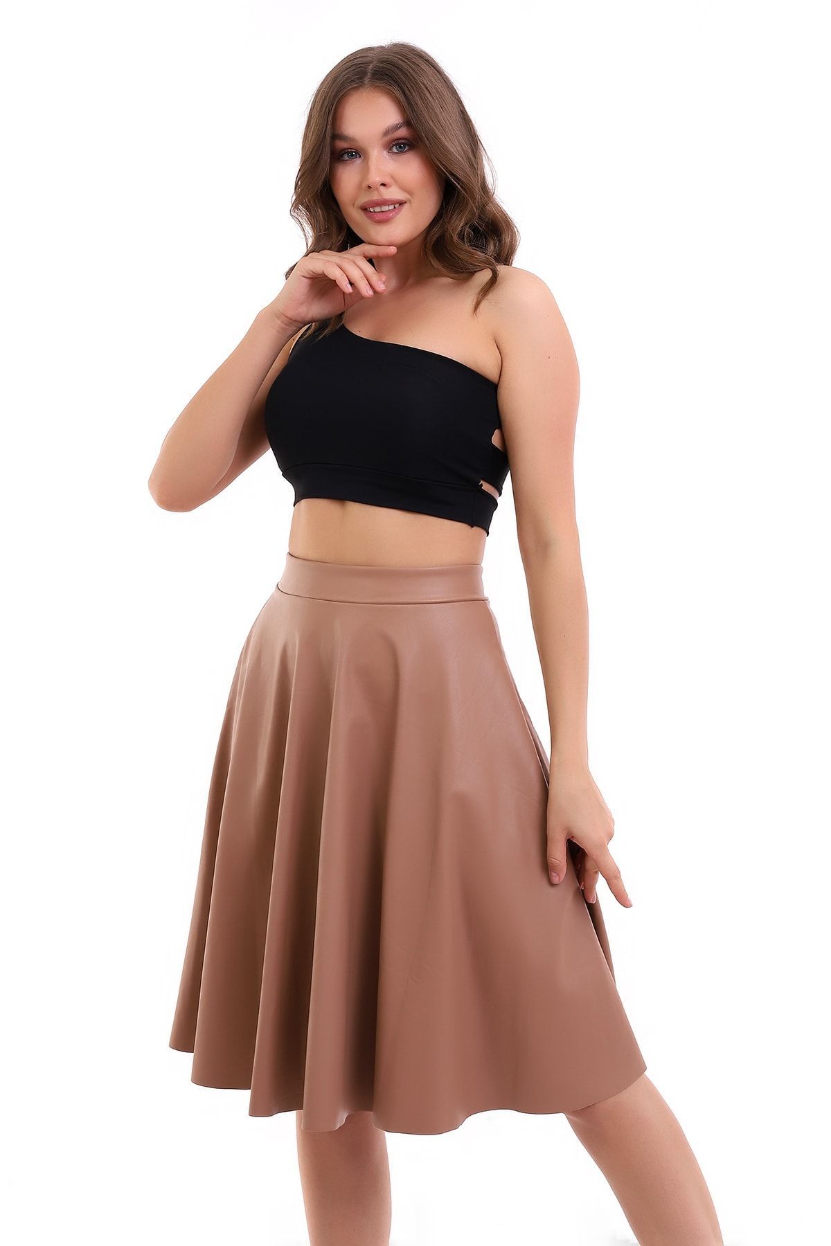 winmoda Flared Skirt Faux Leather Knee Length Trendyol