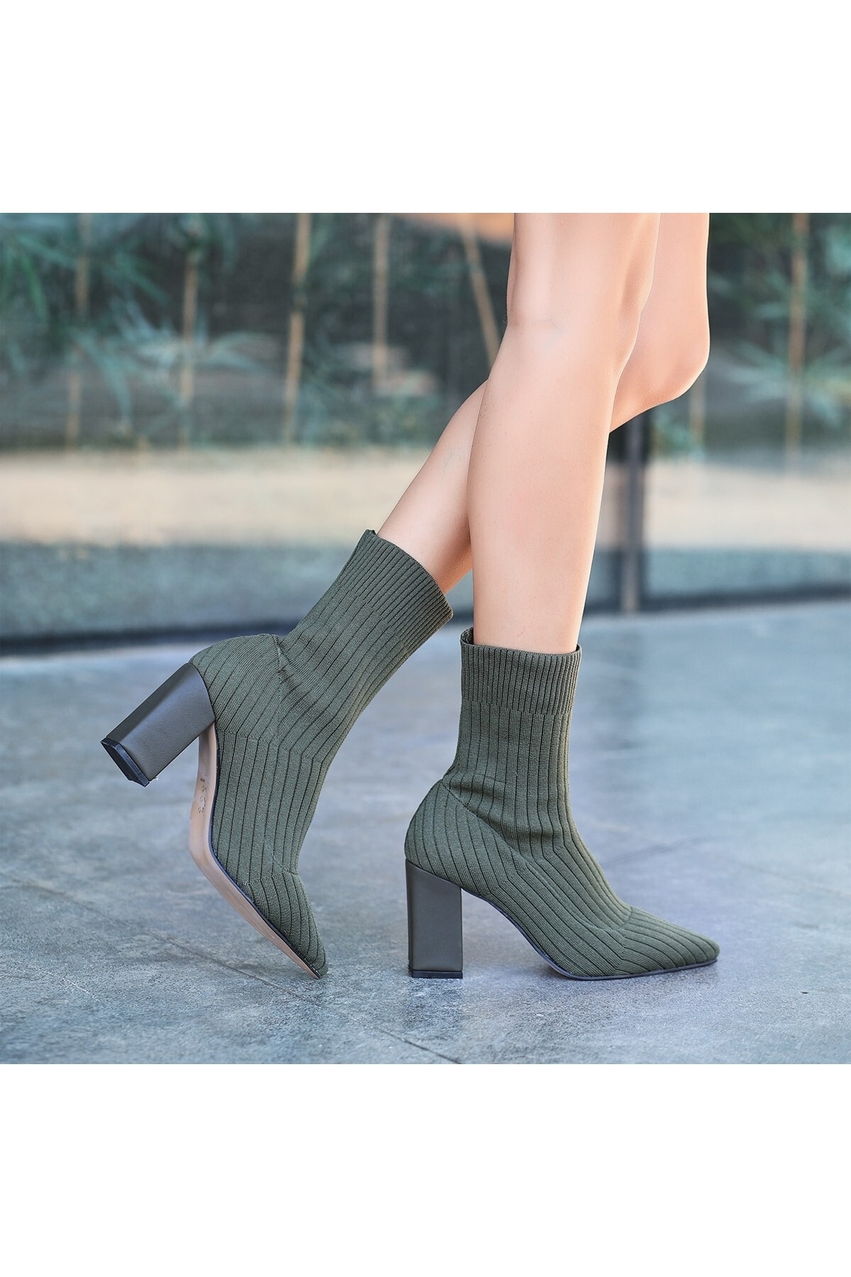 Kadın Haki Yeşil Mayani Haki Yeşil Triko Topuklu Bot