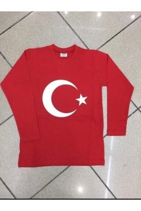 Unisex Kırmızı Türk Bayrağı Baskılı Penye Uzun Kollu Tshirt BS02