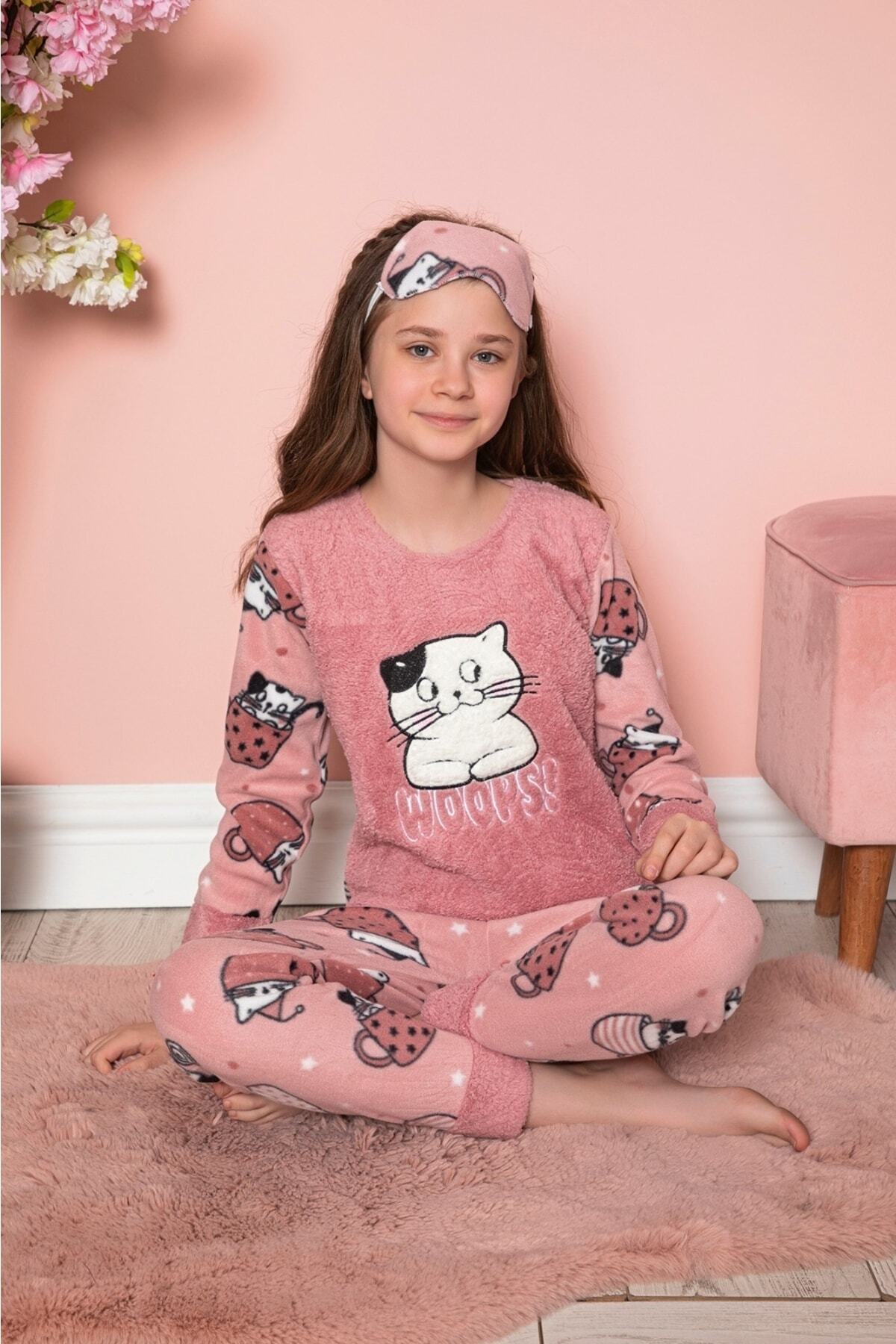 MODAREYA Cat Appliqued Embroidered Fleece Girl's Pajama Set