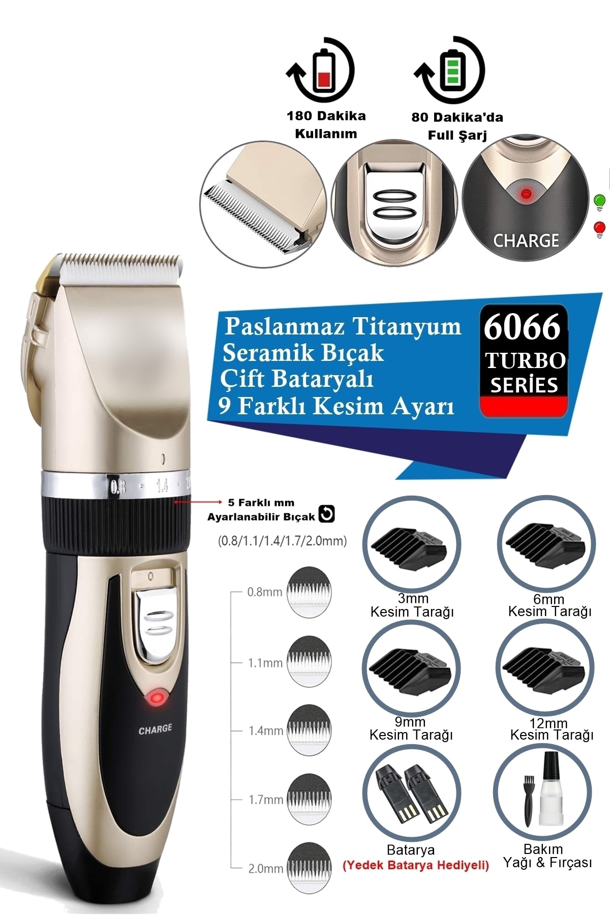 yopigo Yp 6066 Seramik Bıçaklı Pro Şarjlı Saç Sakal Tıraş Makinesi 9 Farklı Kesim Ayarı (YEDEK BATARYALI)