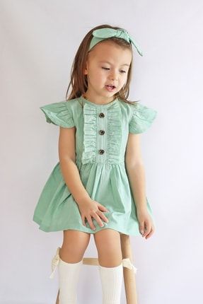 Kız Çocuk Paris Keten Mint Yeşil Fırfırlı Elbise Bandana Takım ELB-0043