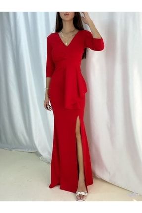 Esnek Krep Kumaş V Yaka Belinde Volan Detay Kırmızı Uzun Abiye Elbise Yırtmaçlı Elbise 58570 634 TKN-634