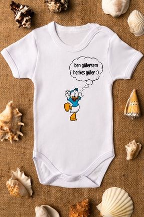 Özel Tasarım Sevimli Daffy Duck Ben Gülersem Herkes Güler Bebek Body Beyaz Body Badi Zıbın 5197 OVEROZBABY5197
