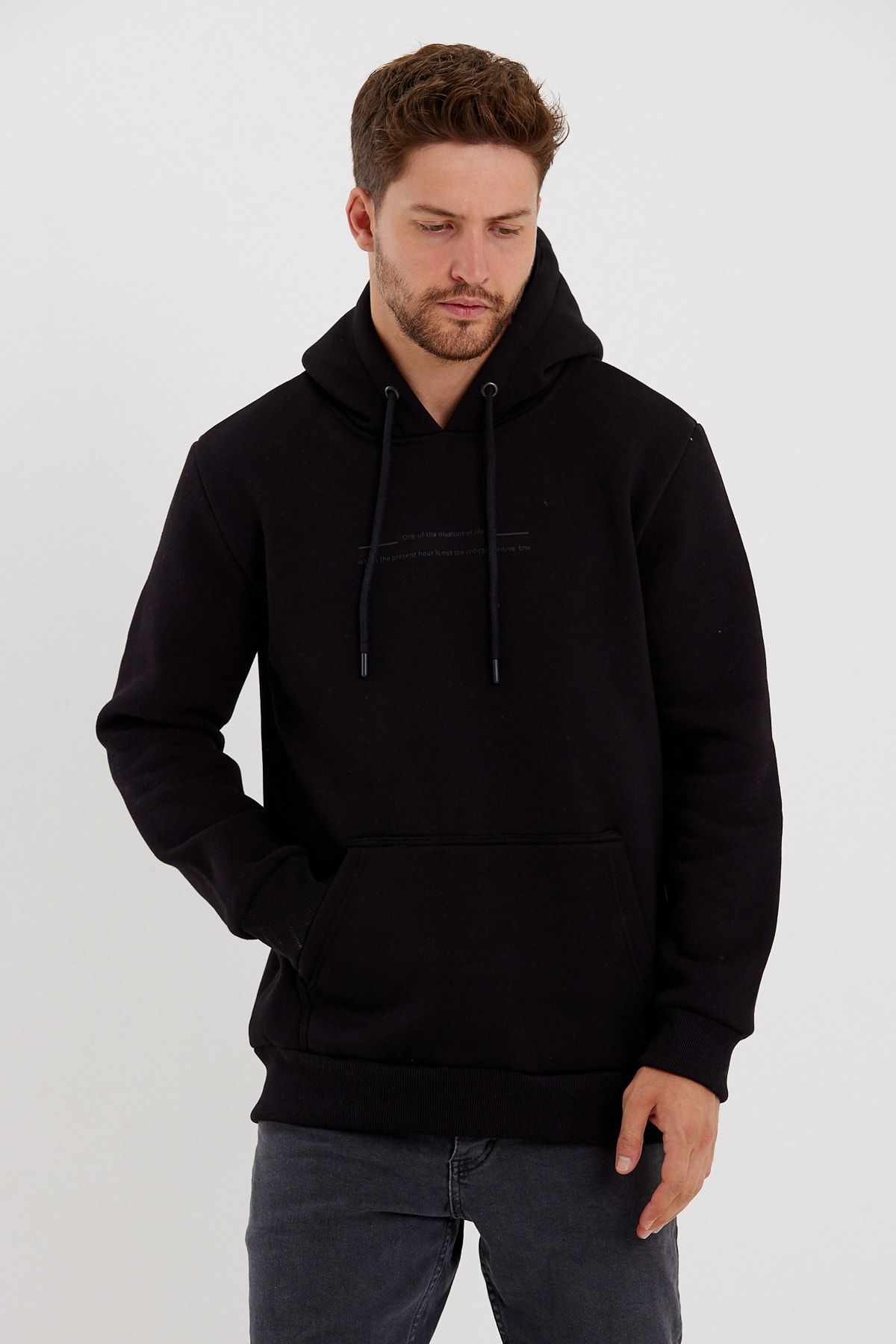 CLIPMAN-Hanorac cu glugă cu imprimeu Slim Fit pentru bărbați, negru 4