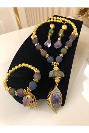 Altın Kaplama Özel Tasarım Druzy Akik Ametist Set BY53646455646