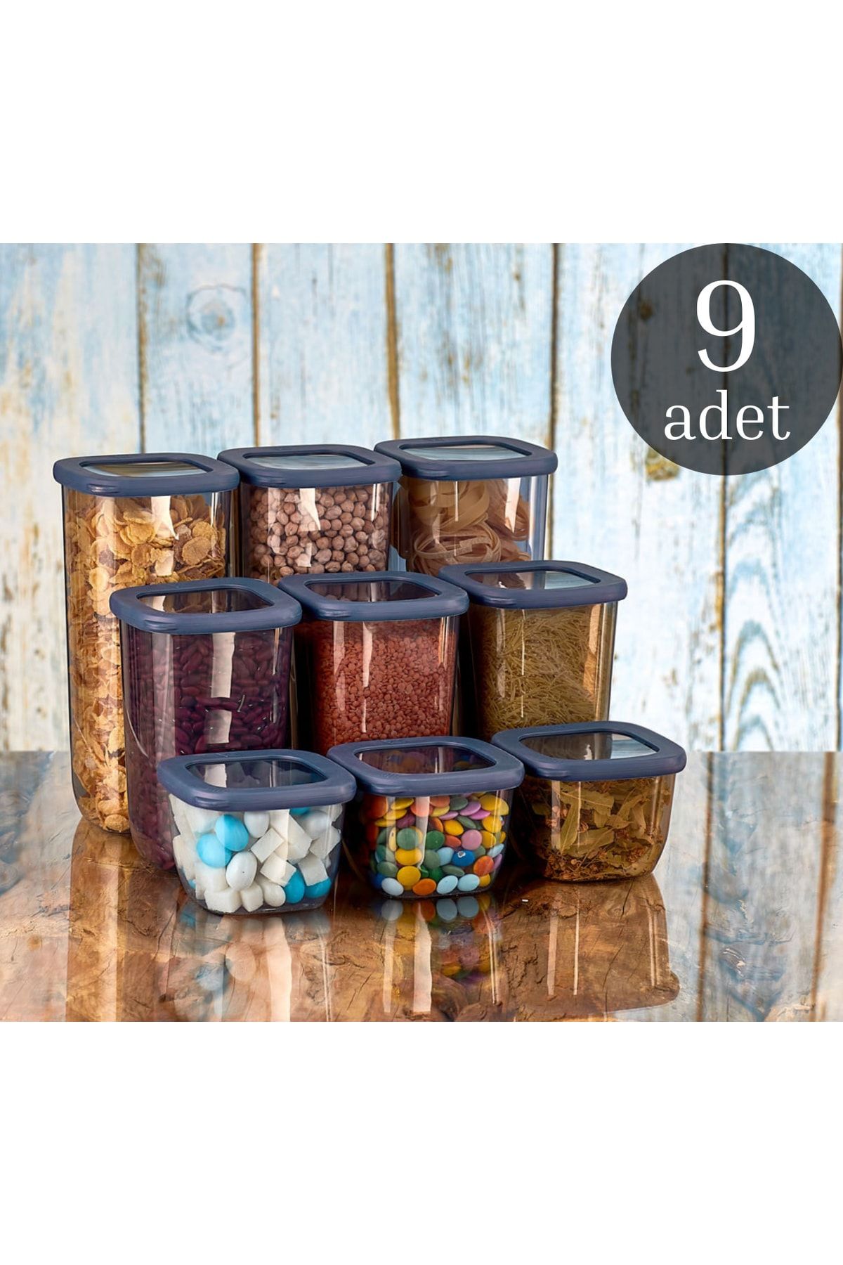 Comprox-Set of 9 Blue Labeled - Beach Square and Food Jar Storage Container Set 1