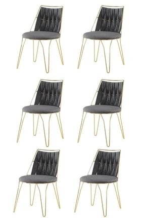 6 Adet Ada Örgülü Sandalye Gri Metal Gold Mutfak Salon Yemek Odası Sandalyesi ADA ÖRGÜLÜ GRİ 6 ADET