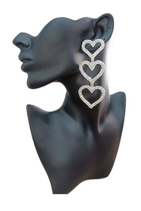 Kadın Üçlü Kalp Figürlü Parlak Taşlı Sallantılı Su Yolu Küpe Tasarım Küpe Silver HUBAN2225