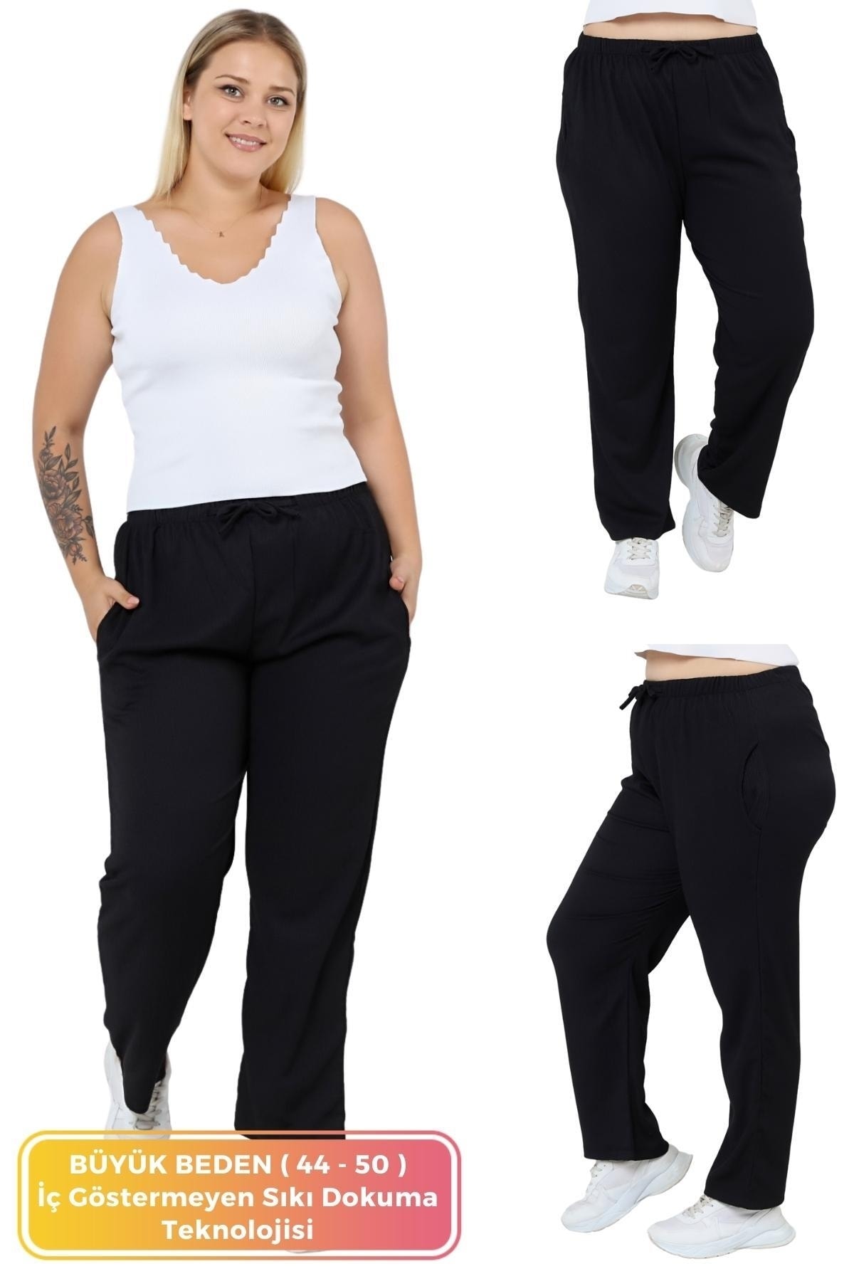 tarzımsüper Kadın Büyük Beden Beli Lastikli Likralı Rahat Cepli Model Bol Geniş Paça Pantolon Siyah