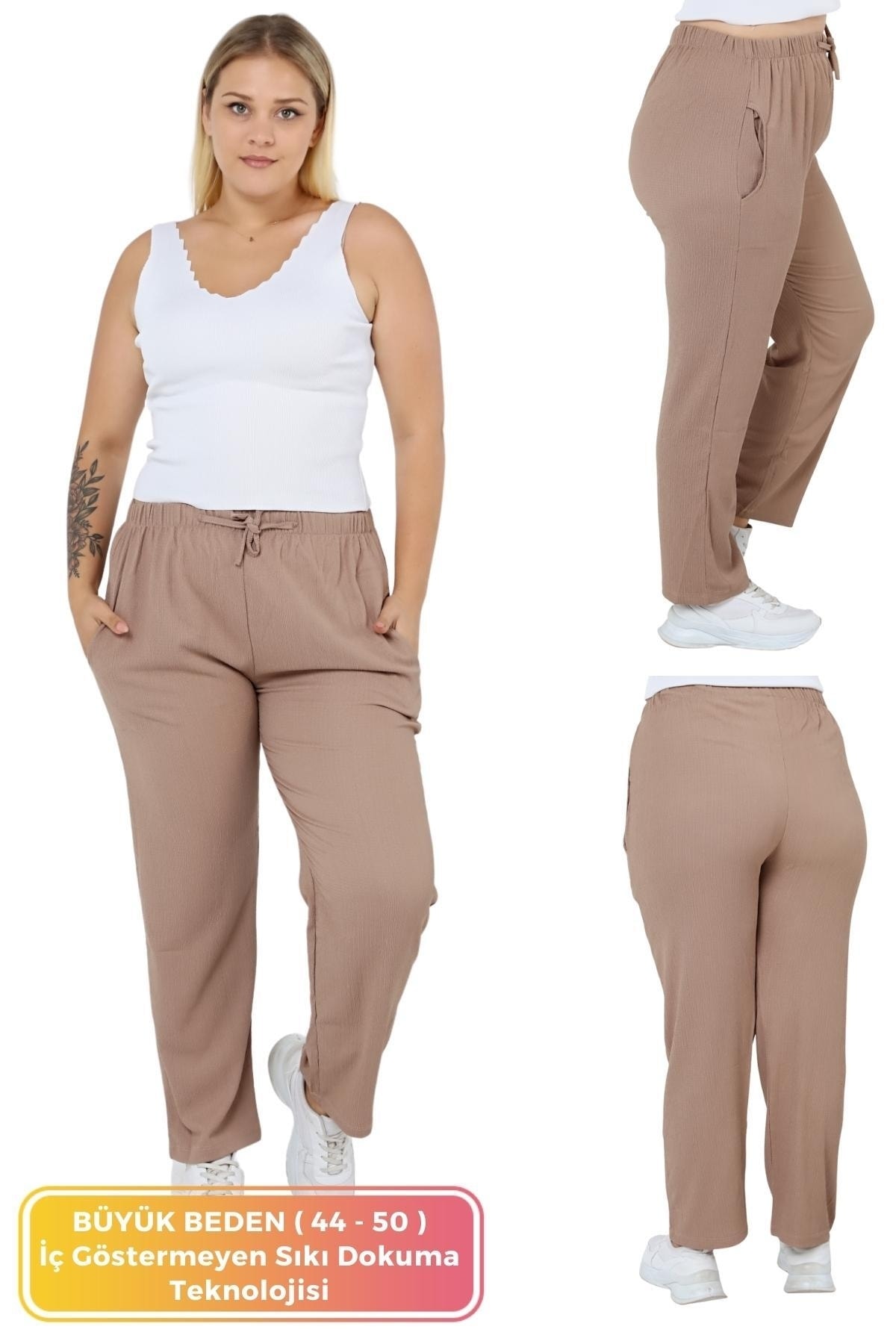tarzımsüper Kadın Büyük Beden Beli Lastikli Likralı Rahat Cepli Model Bol Geniş Paça Pantolon Bej Rengi