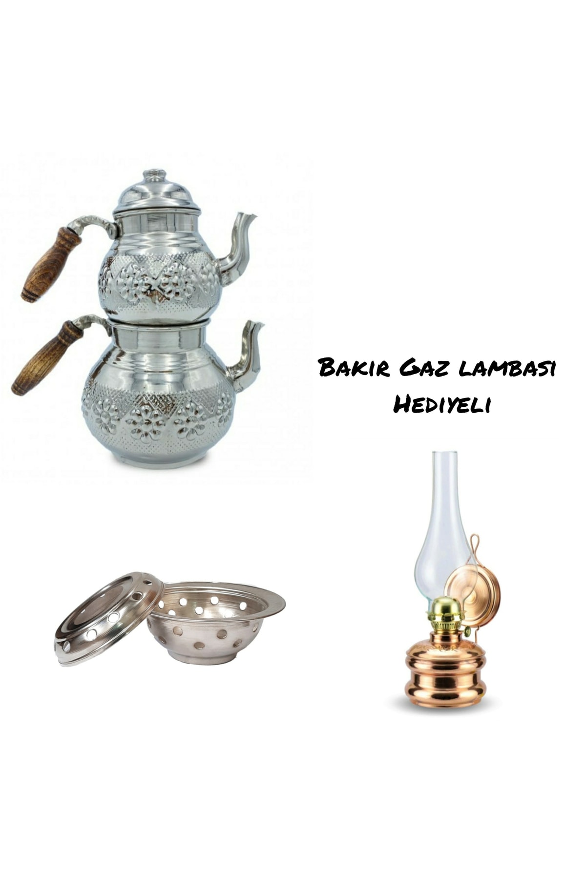 CamaradaAVM Bakır Gümüş Kaplama Osmanlı Ocakli Aile Boyu Çaydanlık Takımı , Gaz Lambası Hediyeli