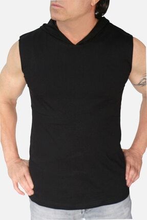 Erkek Siyah Düz Baskısız Basic Kapüşonlu Kolsuz T-shirt 1M0KM000AS