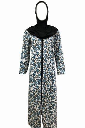 Namaz Elbisesi Türbanlı Fermuarlı Penye Mavi Renk Çiçek Desen 0275arm-55A