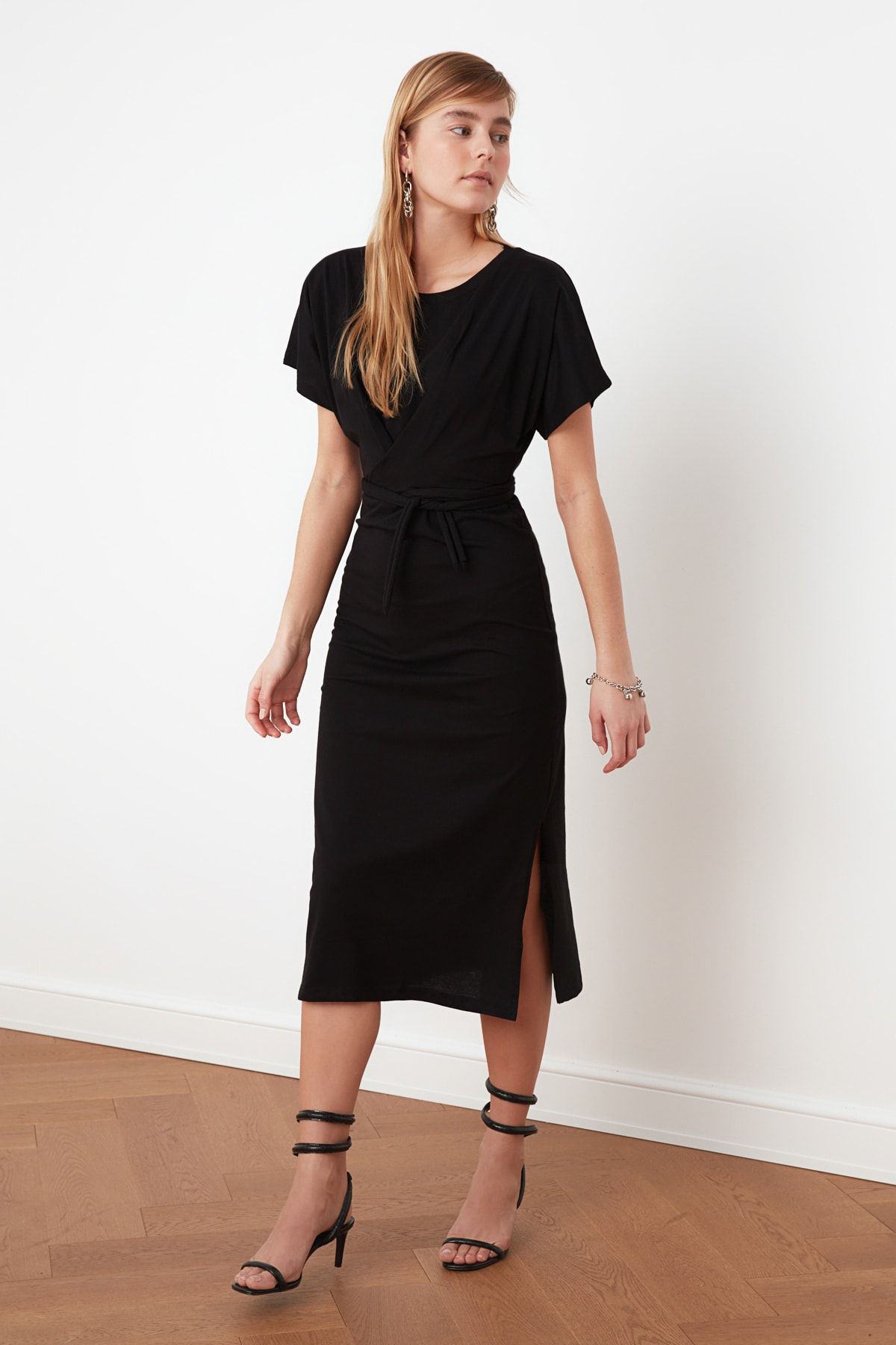 Trendyol Collection-Μαύρο 100% βαμβακερό midi πλεκτό μολύβι φόρεμα με σκίσιμο και δέσιμο TWOSS21EL0404 3