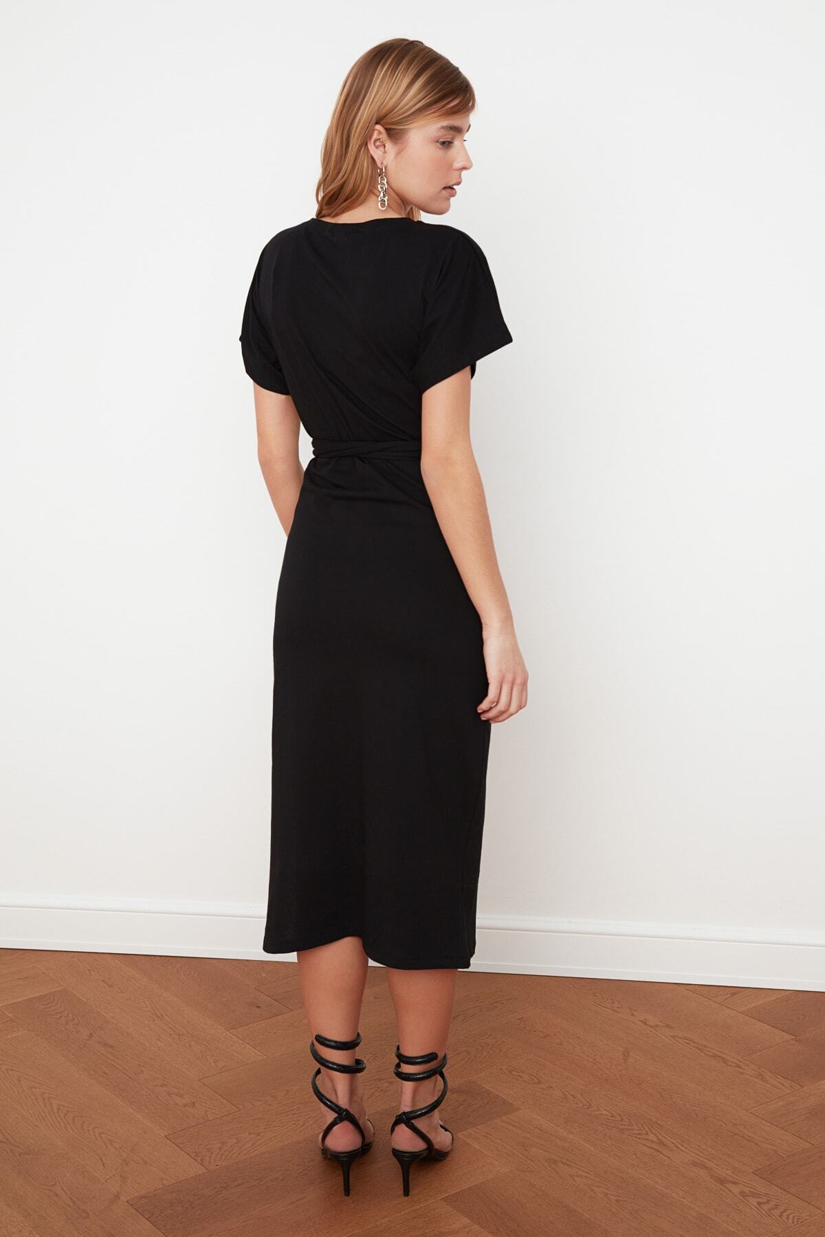 Trendyol Collection-Μαύρο 100% βαμβακερό midi πλεκτό μολύβι φόρεμα με σκίσιμο και δέσιμο TWOSS21EL0404 7