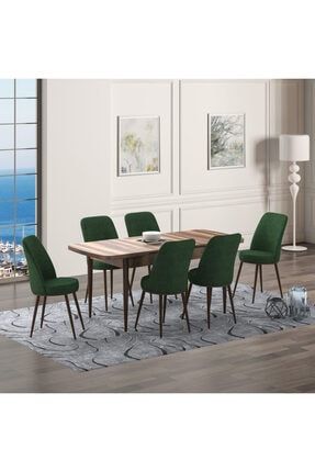 Nova 6 'lı Yeşil Sandalyeli Yemek Masası Takımı - Barok Ceviz NOVABAROK