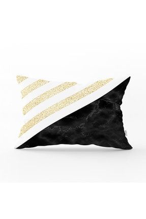 Beyaz Zemin Üzerinde Siyah Mermer Detaylı Gold Yatay Çizgili Dikdörtgen Yastık Kırlent Kılıfı Rh-Dik-8291-35x55
