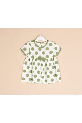 Kız Çocuk Beyaz Yeşil Puantiyeli Fiyonk Detaylı Lacoste Kumaş Elbisesi LS52922
