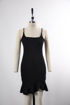 Kadın Siyah Esnek Krep Kumaş Ince Askılı Etek Ucu Volan Detaylı Abiye Elbise 4S1B-EMR-501-E