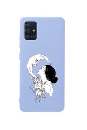 Samsung A51 Moon & Woman Desenli Premium Silikonlu Lila Telefon Kılıfı MCSAMA51LMOWOM