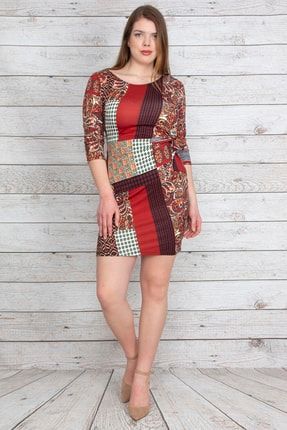 Kadın Renkli Bel Detaylı Patchwork Desenli Elbise 65N23188
