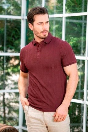 Erkek Bordo Regular Fit Jakarlı Polo Yaka Kısa Kollu T-Shirt NT003