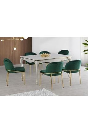 Açılır Sahra Salon Masası Lükens Ayak Ekru Desen + 6 Adet Limon Sandalye Gold Metal Ayak SAHRA-02