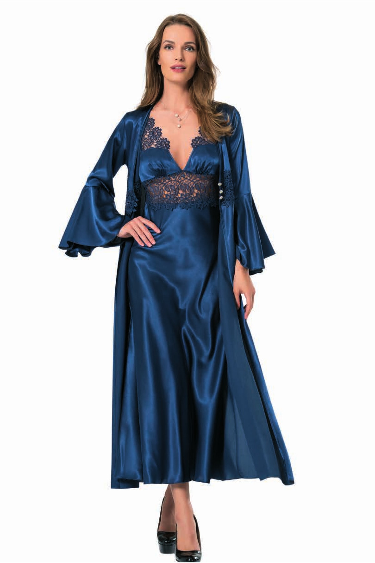 Lady Lacivert Saten Dantel Detay Uzun Sabahlık Gecelik Takım