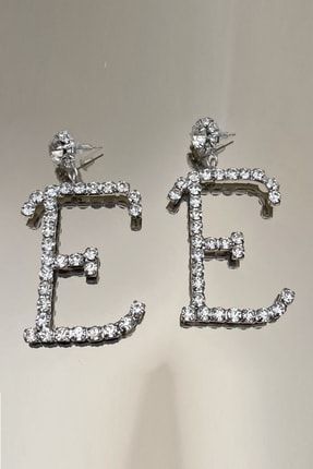 Kadın E Harf Model Zirkon Kristal Taşlı Gümüş Pırlanta Abiye Elbise Kına Söz Parti Balo Nişan Küpe FR233 Letter E Diamond Silver Earrings