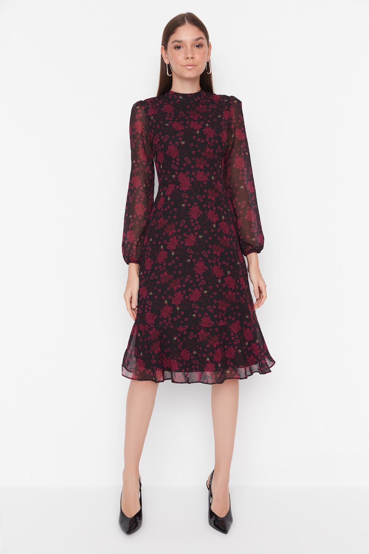 Trendyol Collection-Imprimeu floral roz - Rochie midi din șifon în formă de A, guler vertical - TWOAW20EL1313 5