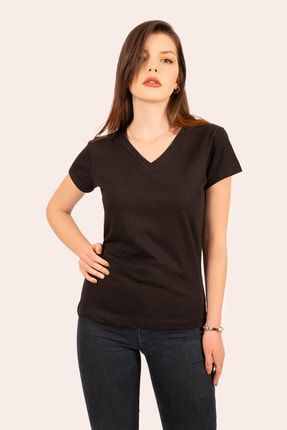 V Yaka Kısa Kollu Siyah Basic Kadın T-shirt KTS101B