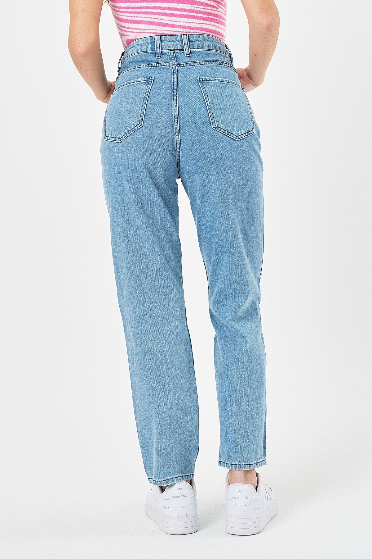 Kadın Buz Mavisi Yüksek Bel Fermuarlı Mom Jeans